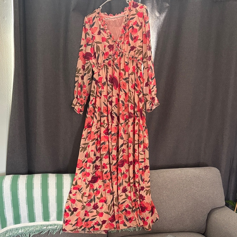 Amazon Red and Pink Floral Long Sleeve Dress